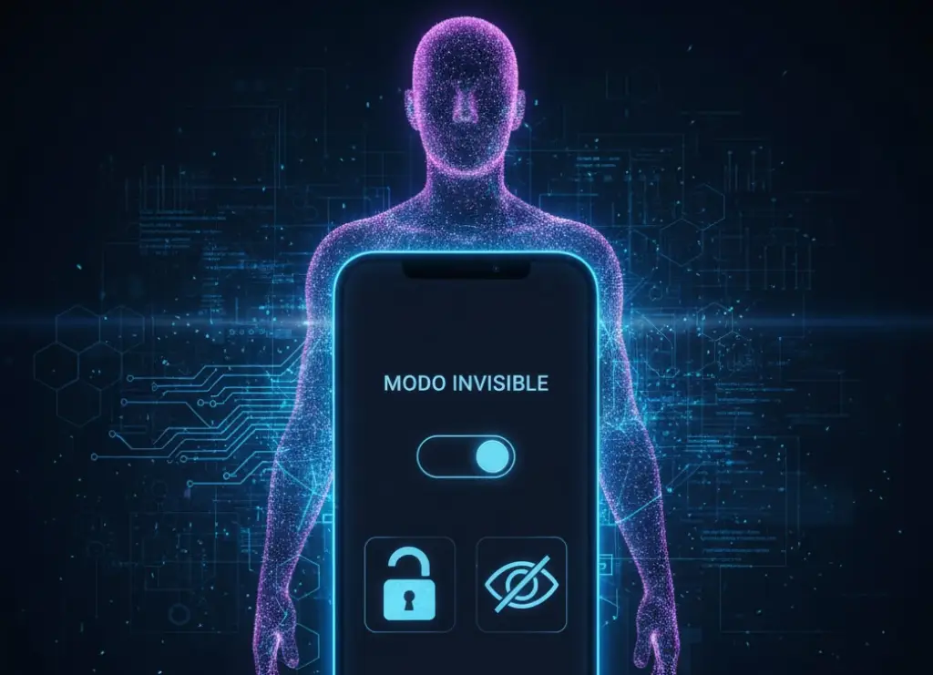 Concepto de privacidad y anonimato en WhatsApp Plus con iconos de candados y modo invisible