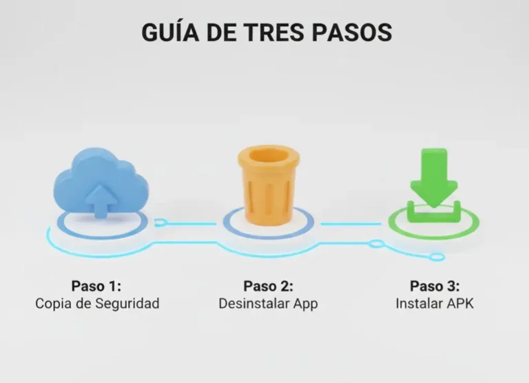 Diagrama de pasos: Copia de seguridad, desinstalación e instalación de APK