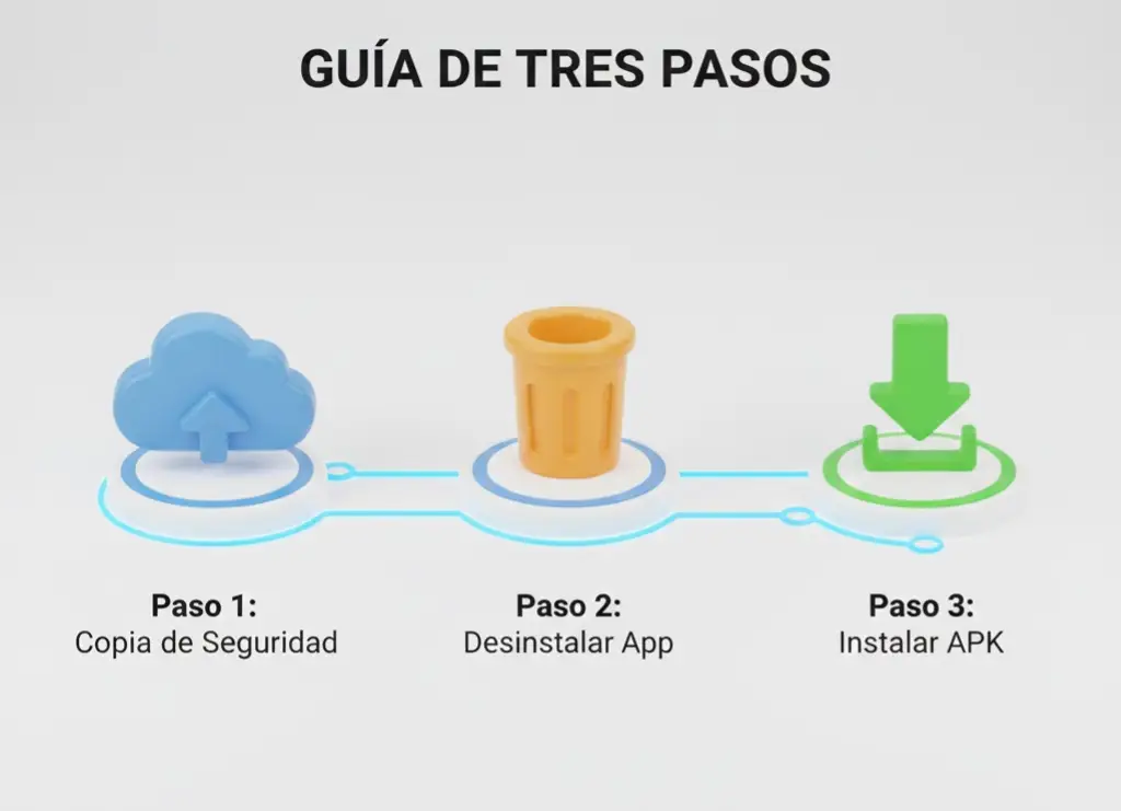 Diagrama de pasos: Copia de seguridad, desinstalación e instalación de APK