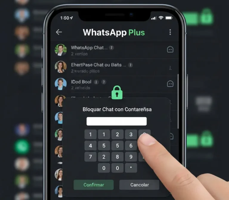 Interfaz de WhatsApp Plus mostrando la función de bloquear chat con contraseña en un teléfono móvil.