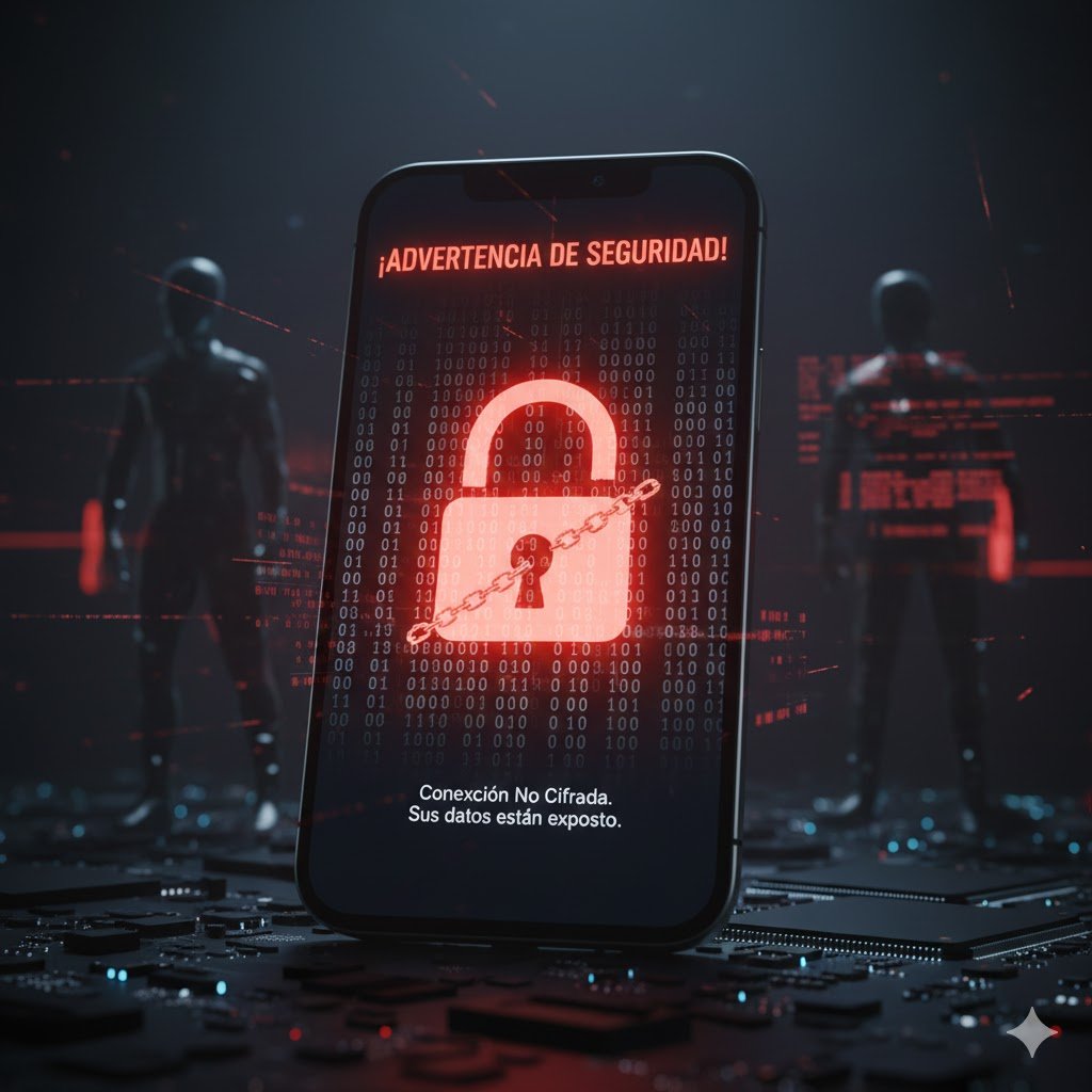 Representación de riesgos de seguridad y falta de cifrado en aplicaciones MOD de WhatsApp.